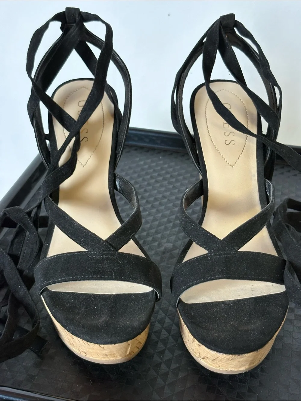 GUESS Black Fabric Lace-Up Cork Platform Wedges - Picture 1 of 9